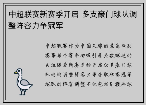 中超联赛新赛季开启 多支豪门球队调整阵容力争冠军