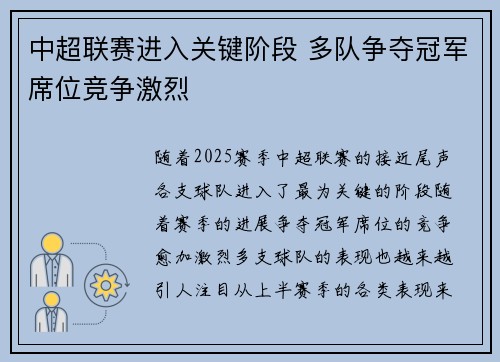 中超联赛进入关键阶段 多队争夺冠军席位竞争激烈