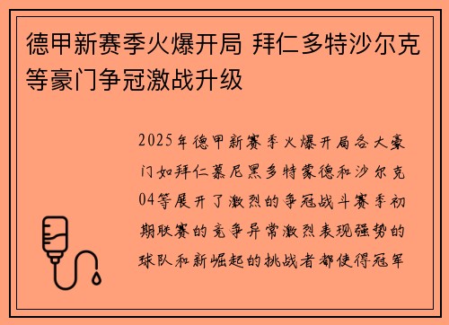 德甲新赛季火爆开局 拜仁多特沙尔克等豪门争冠激战升级